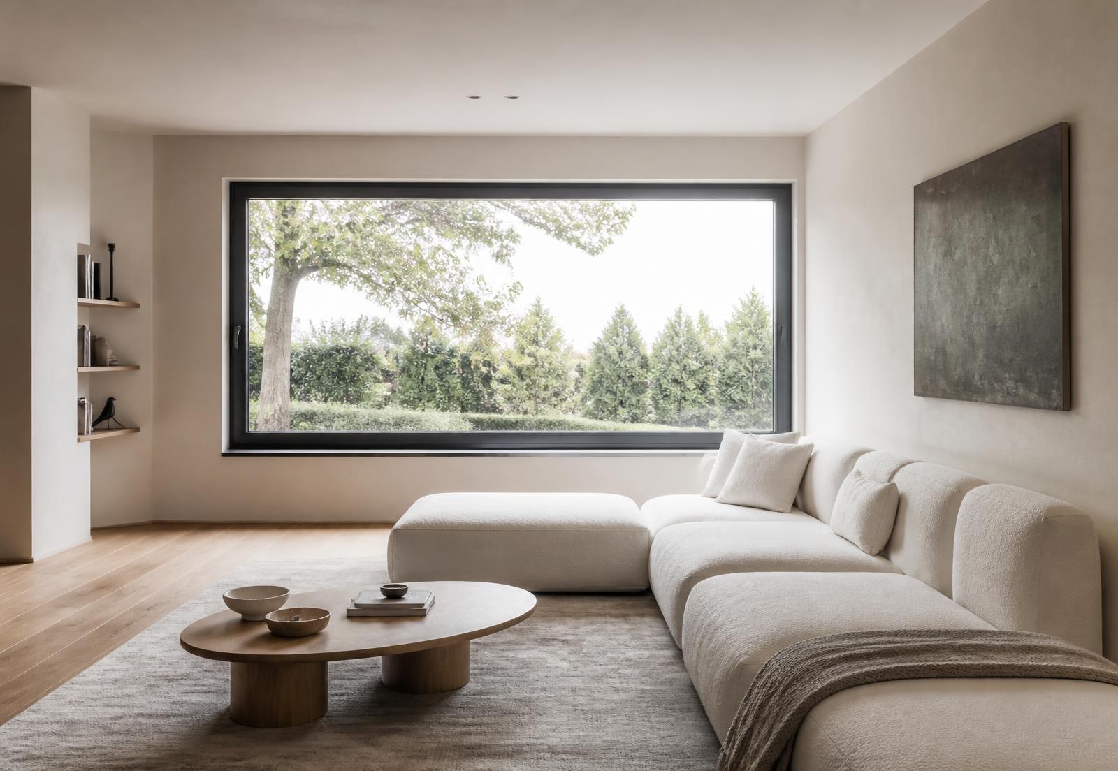 Moderne woonkamer met een groot antracietkleurig PVC-raam